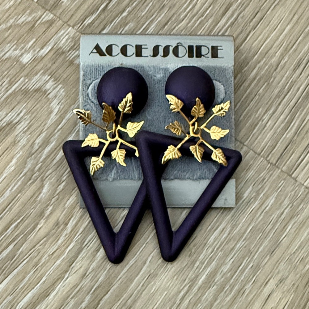 Vintage Geometric Retro Gold Leaf and Purple Triangle Statement Earrings